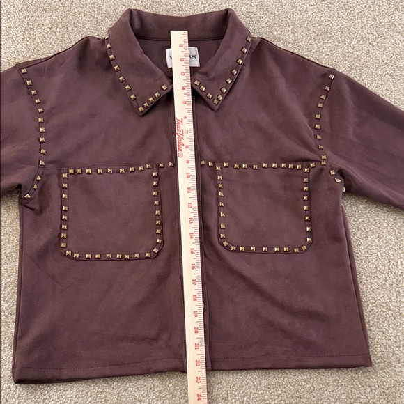 VIGOSS- Brown Faux Suede Studded Trucker Jacket Gold Stud Western Rock Style - Picture 11 of 14